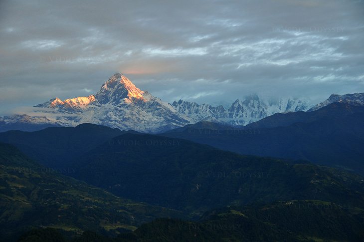 Mount Machhapuchhre or Fishtail stands at 6,993m in the Himalayas of Nepal. The photo was taken at sunrise from Ghulakot.