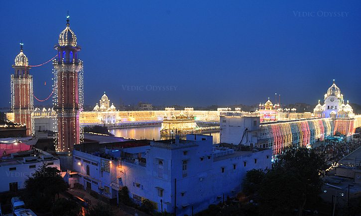 The Golden Temple in Amritsar, Punjab state in India, viewed at dawn. The temple is all lit up post Diwali celebrations.