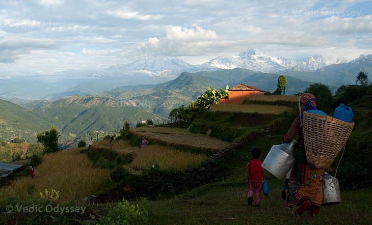 View of the Himalayas at dawn from Ghulakot, Nepal.