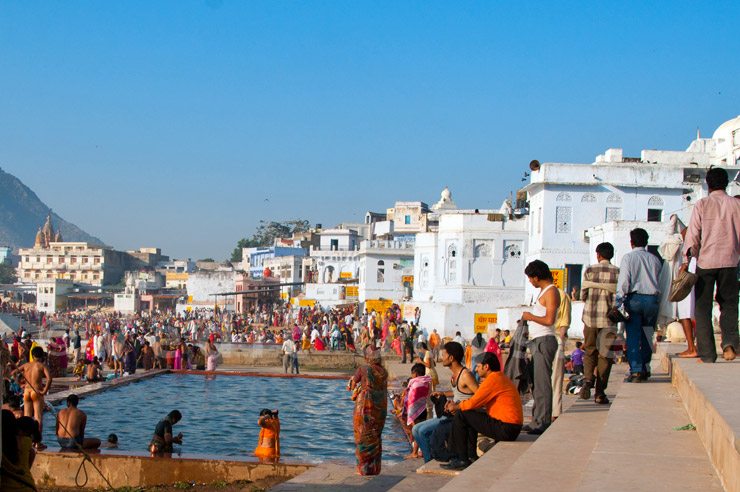 People bathing at Pushkar's holy lake, Rajasthan