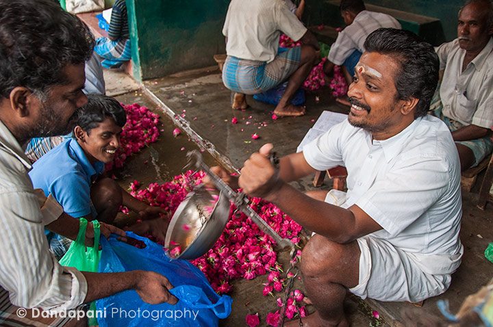 Flower vendors from near and far come here to buy flowers in bulk which they then take back to weave into garlands that are used for a variety of purposes. 