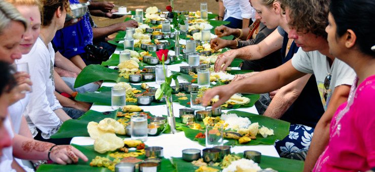 South Indian lunch eaten on a banana leaf