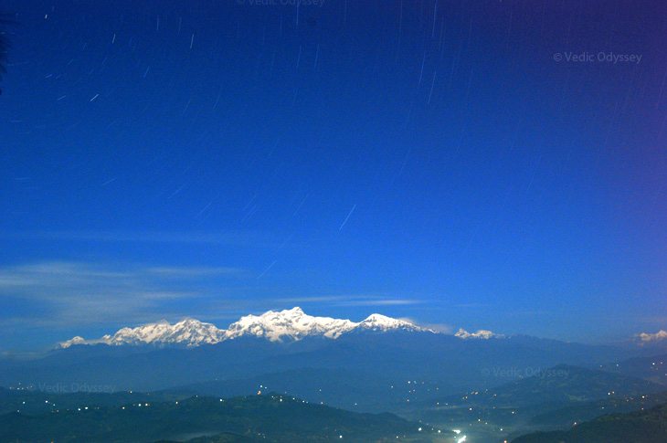 A long exposure photo of the Himalayan range taken from the town of Bandipur in Nepal about 10:30pm at night.